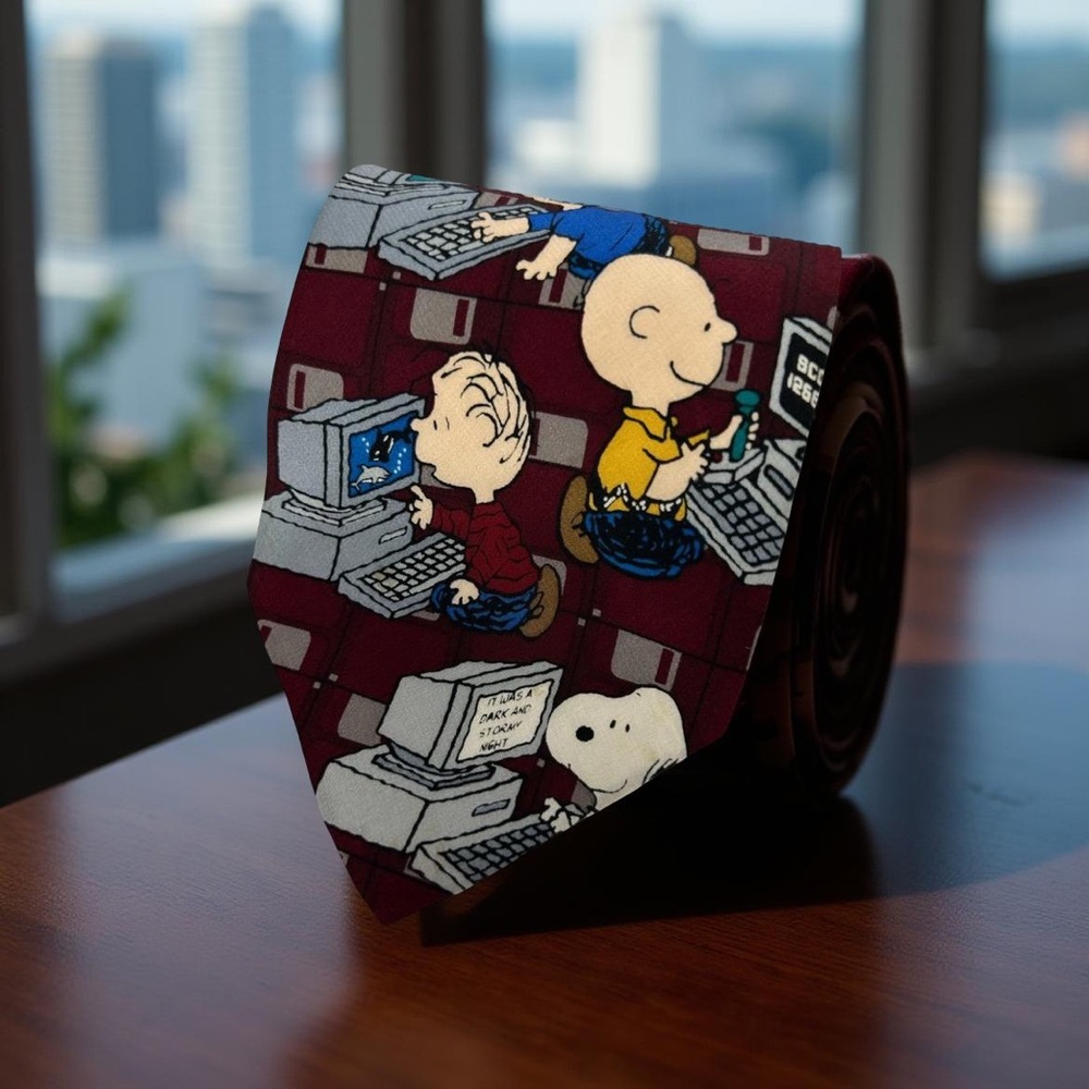 Vintage Peanuts “Surfing the Net” Tie 100% Silk Snoopy & Gang on Computers 55.5"